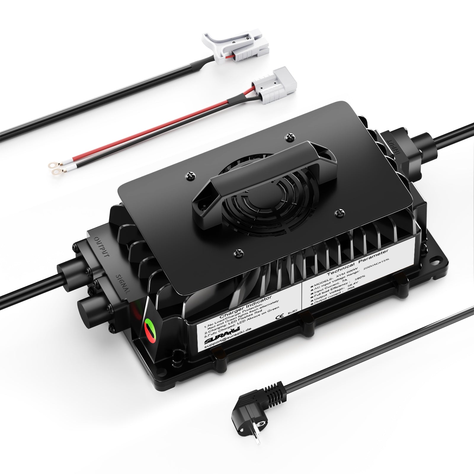 Suraziki 51,2 V (48 V 16S) LiFePO4-Batterieladegerät, 58,4 V 20 A wasserdichtes Lithium-Ladegerät, 0 V BMS-Aktivierung, für Golfwagen, Trolling-Motor