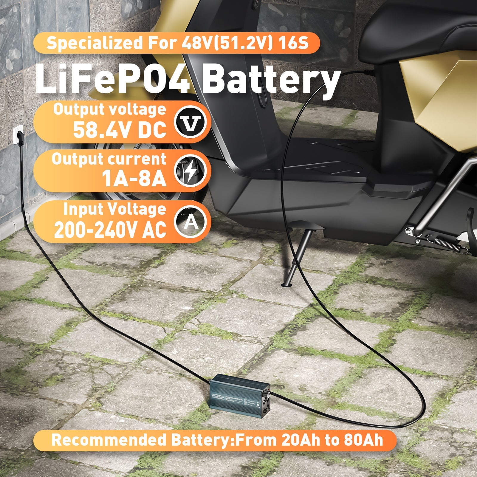 Suraziki 58,4 V 1–8 A stromverstellbares Lithium-LiFePO4-Batterieladegerät für 51,2 V (48 V) LiFePO4-Batterie, Golfwagen-Trolling-Motor, Wohnmobil-Boot-Batterieladegerät