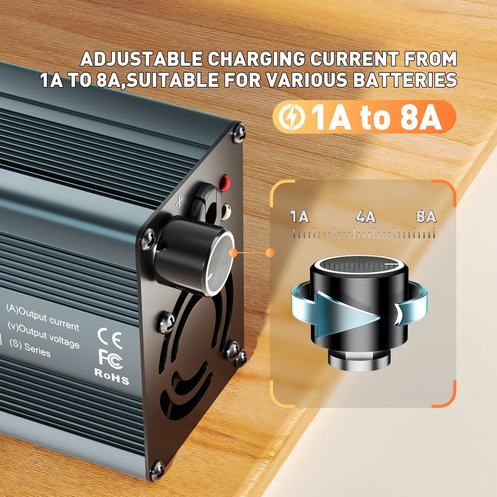 Suraziki 58,8 V 1-8 A stromverstellbares Lithium-Batterieladegerät für 14S 51,8 V 52 V Li-Ionen-/ternäre Lithium-/Polymer-Batterie, Ebike-Scooter-Batterieladegerät