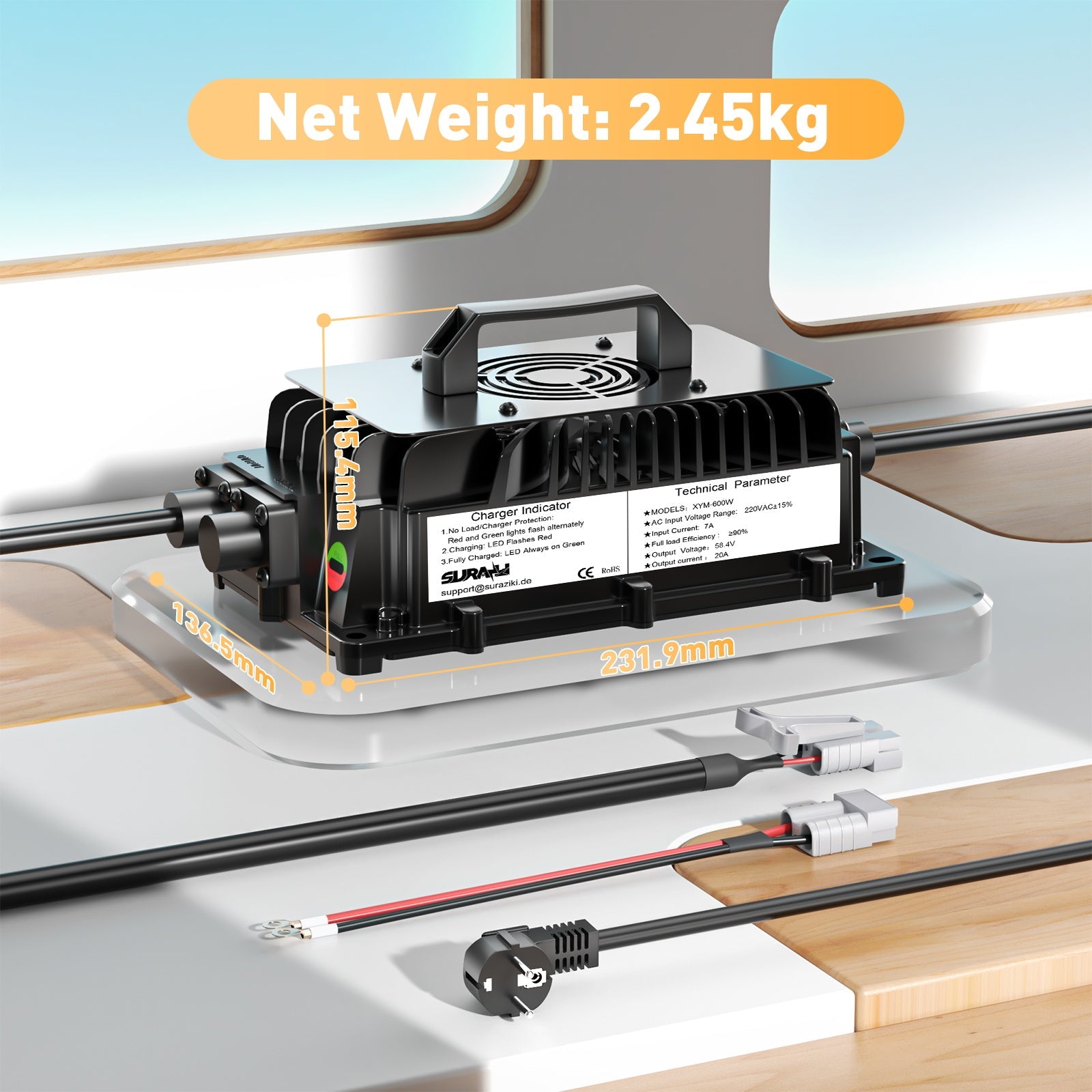 Suraziki 51,2 V (48 V 16S) LiFePO4-Batterieladegerät, 58,4 V 20 A wasserdichtes Lithium-Ladegerät, 0 V BMS-Aktivierung, für Golfwagen, Trolling-Motor