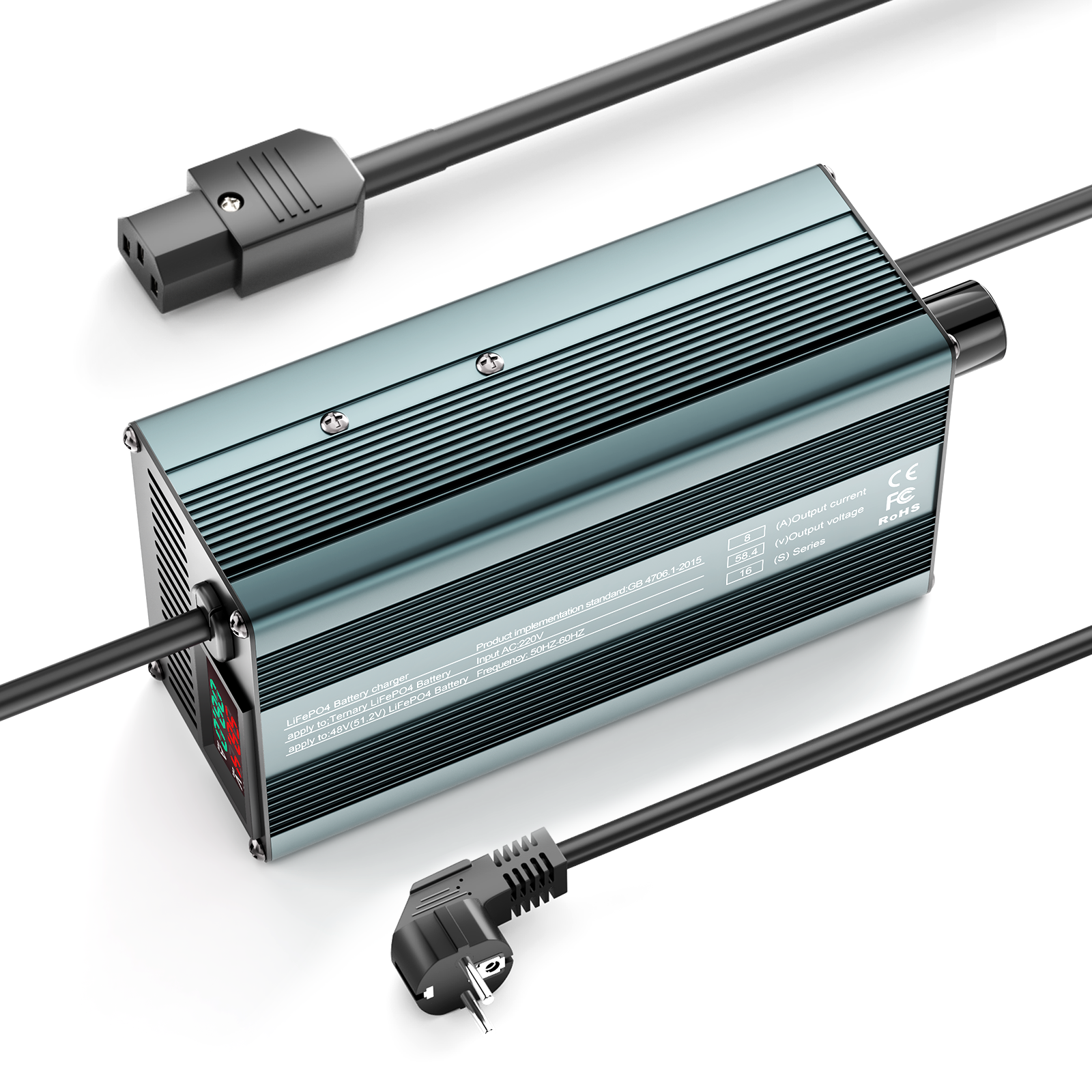 Suraziki 58,4 V 1–8 A stromverstellbares Lithium-LiFePO4-Batterieladegerät für 51,2 V (48 V) LiFePO4-Batterie, Golfwagen-Trolling-Motor, Wohnmobil-Boot-Batterieladegerät