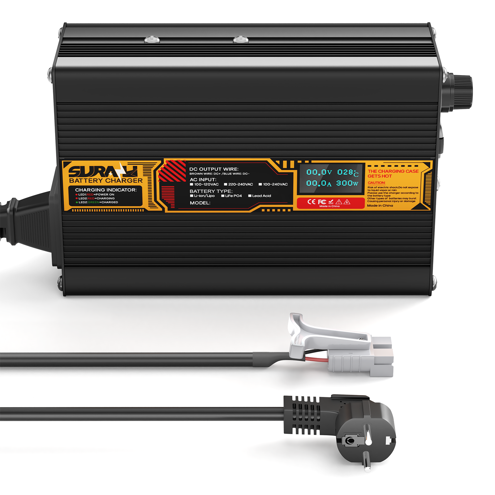 Suraziki LiFePO4 73V 3A Battery Charger for 60V/64V Lithium Iron Phosphate Batteries, LED Display, Full Protection