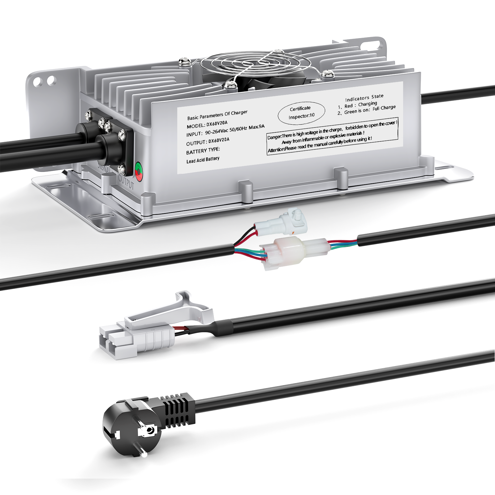 Suraziki 60 V 20 A Blei-Säure-Akkuladegerät, IP65 wasserdicht, mit Verriegelungskabel für Palettenwagen/Bodenschrubber/Golfwagen/Gabelstapler