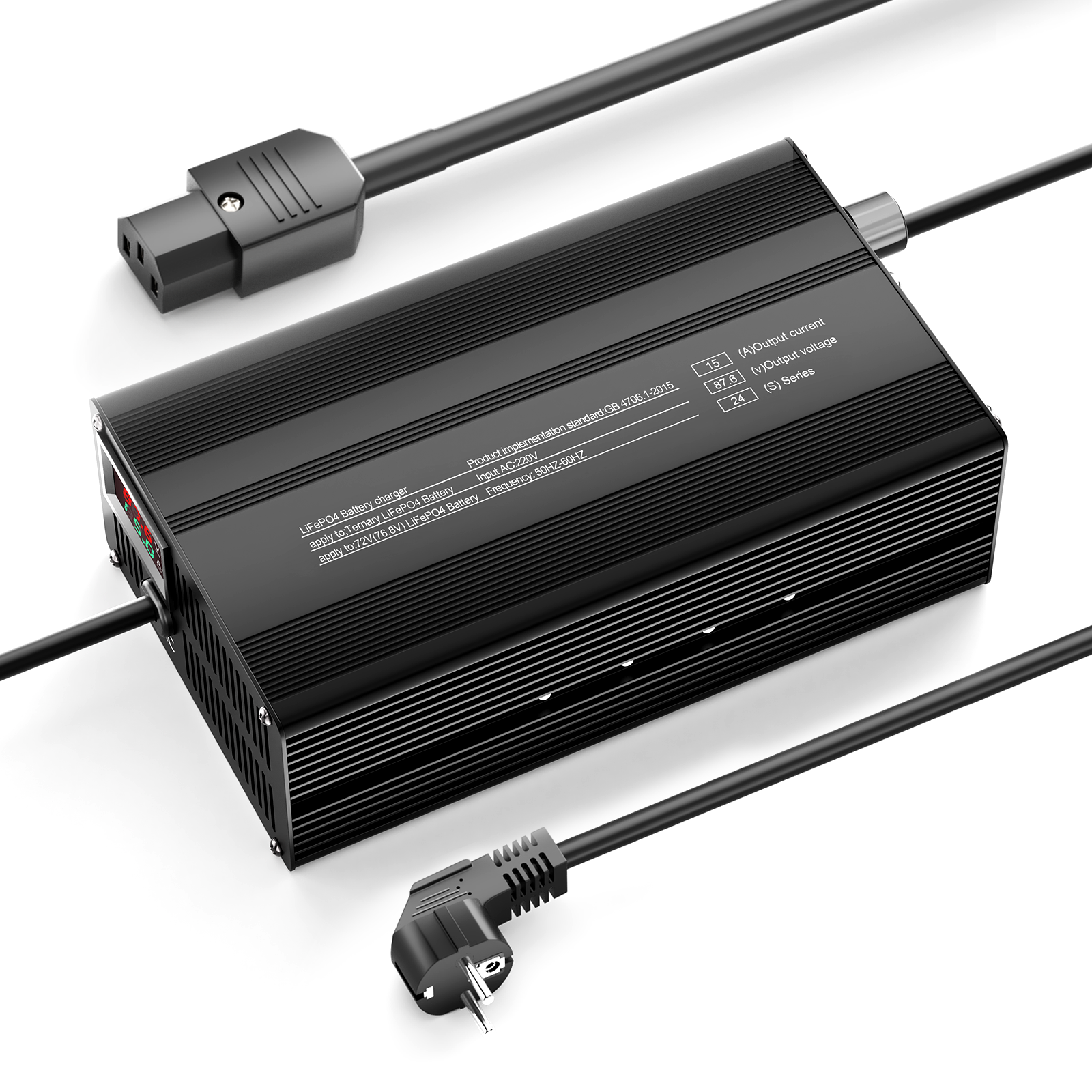 Suraziki 87.6V 1-15A Adjustable Current Lithium LiFePO4 Battery Charger for 24S 76.8V (72V) LiFePO4 Battery, Cooling Fan, Aluminum Alloy Case, LCD Display