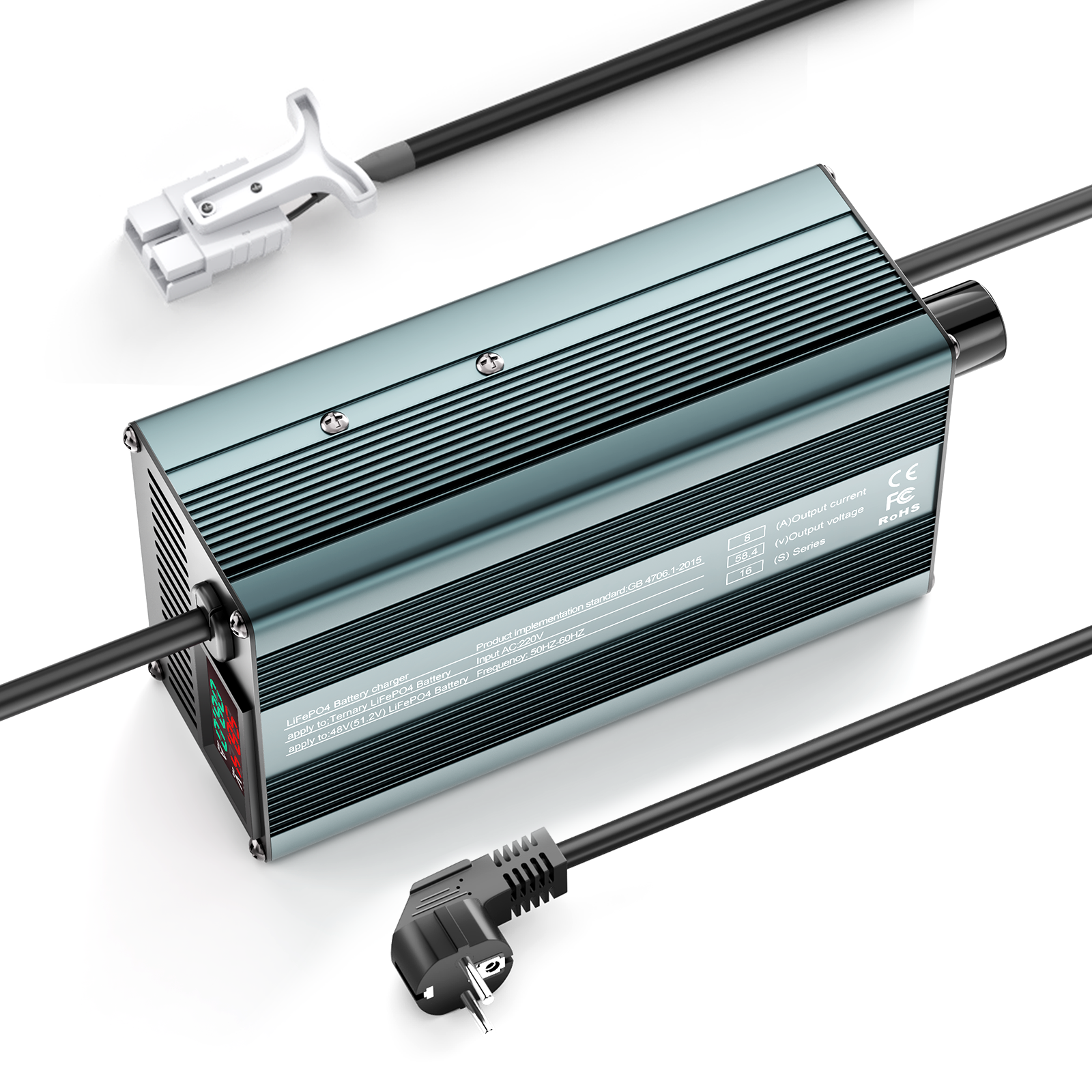 Suraziki 58,4 V 1–8 A stromverstellbares Lithium-LiFePO4-Batterieladegerät für 51,2 V (48 V) LiFePO4-Batterie, Golfwagen-Trolling-Motor, Wohnmobil-Boot-Batterieladegerät