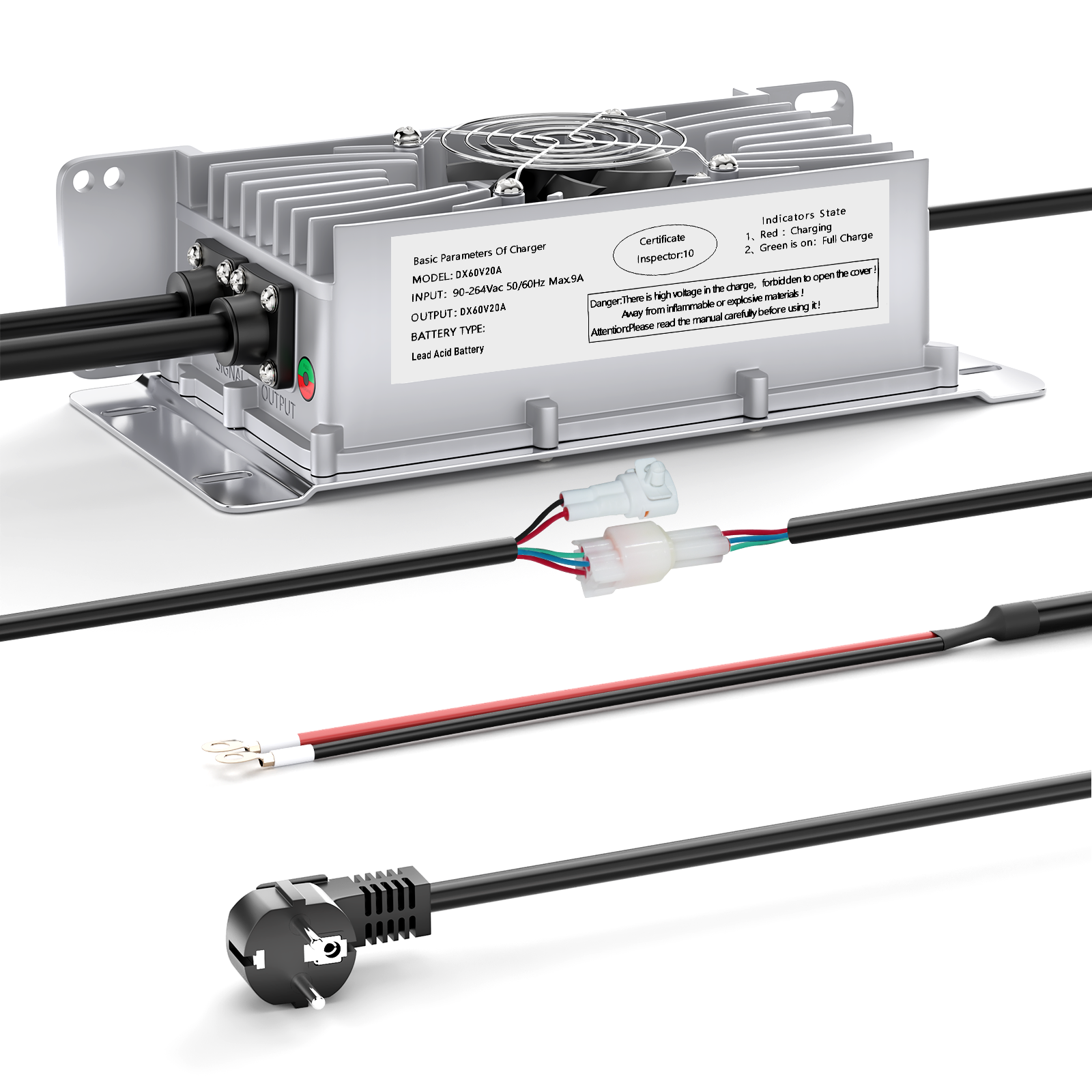 Suraziki 60 V 20 A Blei-Säure-Akkuladegerät, IP65 wasserdicht, mit Verriegelungskabel für Palettenwagen/Bodenschrubber/Golfwagen/Gabelstapler