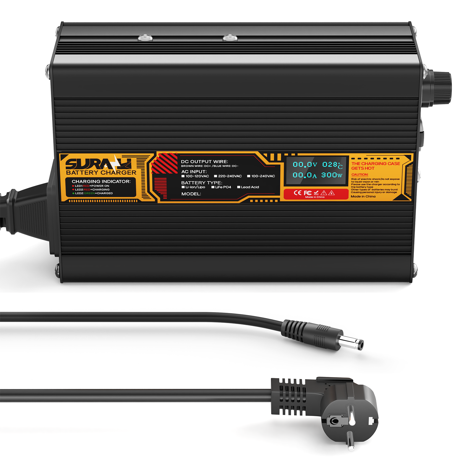 Suraziki LiFePO4 36.5V 5A Battery Charger for 32V Lithium Iron Phosphate Batteries, LED Display, Full Protection