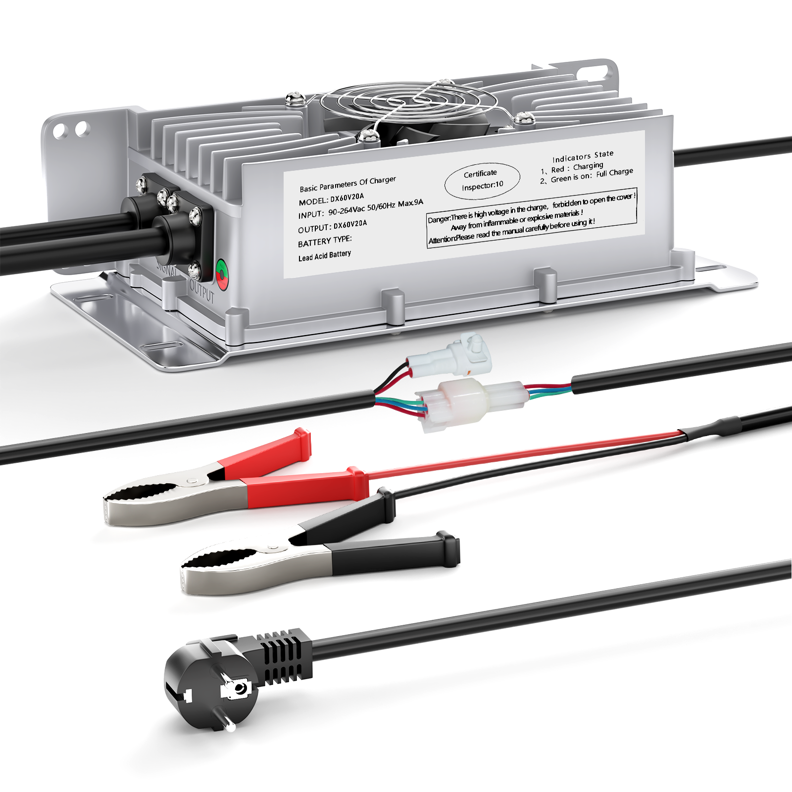 Suraziki 60 V 20 A Blei-Säure-Akkuladegerät, IP65 wasserdicht, mit Verriegelungskabel für Palettenwagen/Bodenschrubber/Golfwagen/Gabelstapler