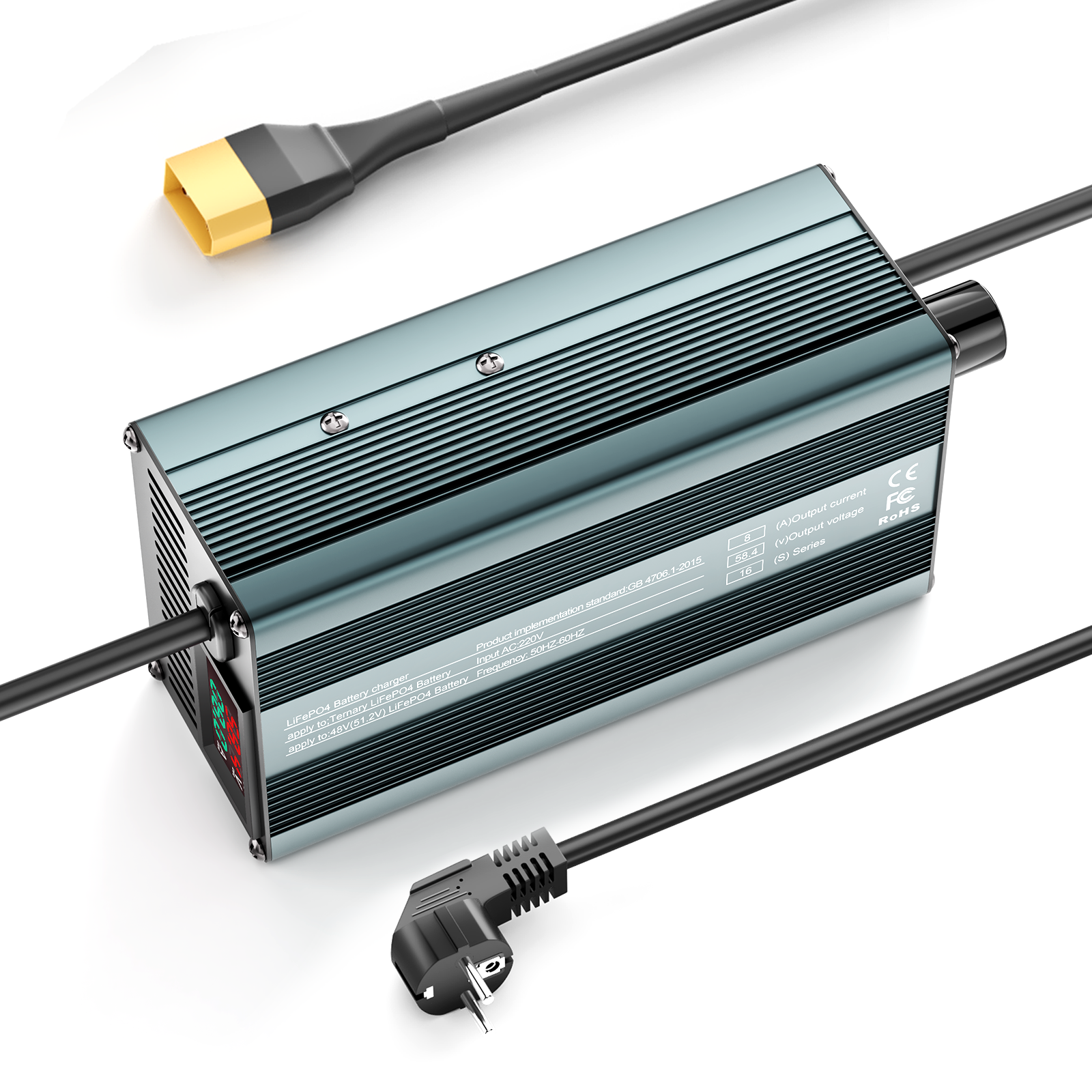 Suraziki 58,4 V 1–8 A stromverstellbares Lithium-LiFePO4-Batterieladegerät für 51,2 V (48 V) LiFePO4-Batterie, Golfwagen-Trolling-Motor, Wohnmobil-Boot-Batterieladegerät