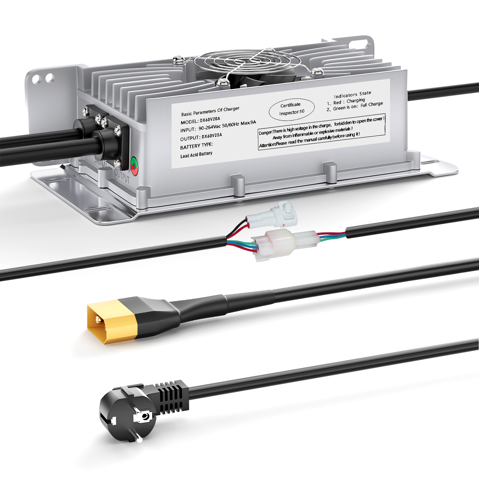 Suraziki 60 V 20 A Blei-Säure-Akkuladegerät, IP65 wasserdicht, mit Verriegelungskabel für Palettenwagen/Bodenschrubber/Golfwagen/Gabelstapler