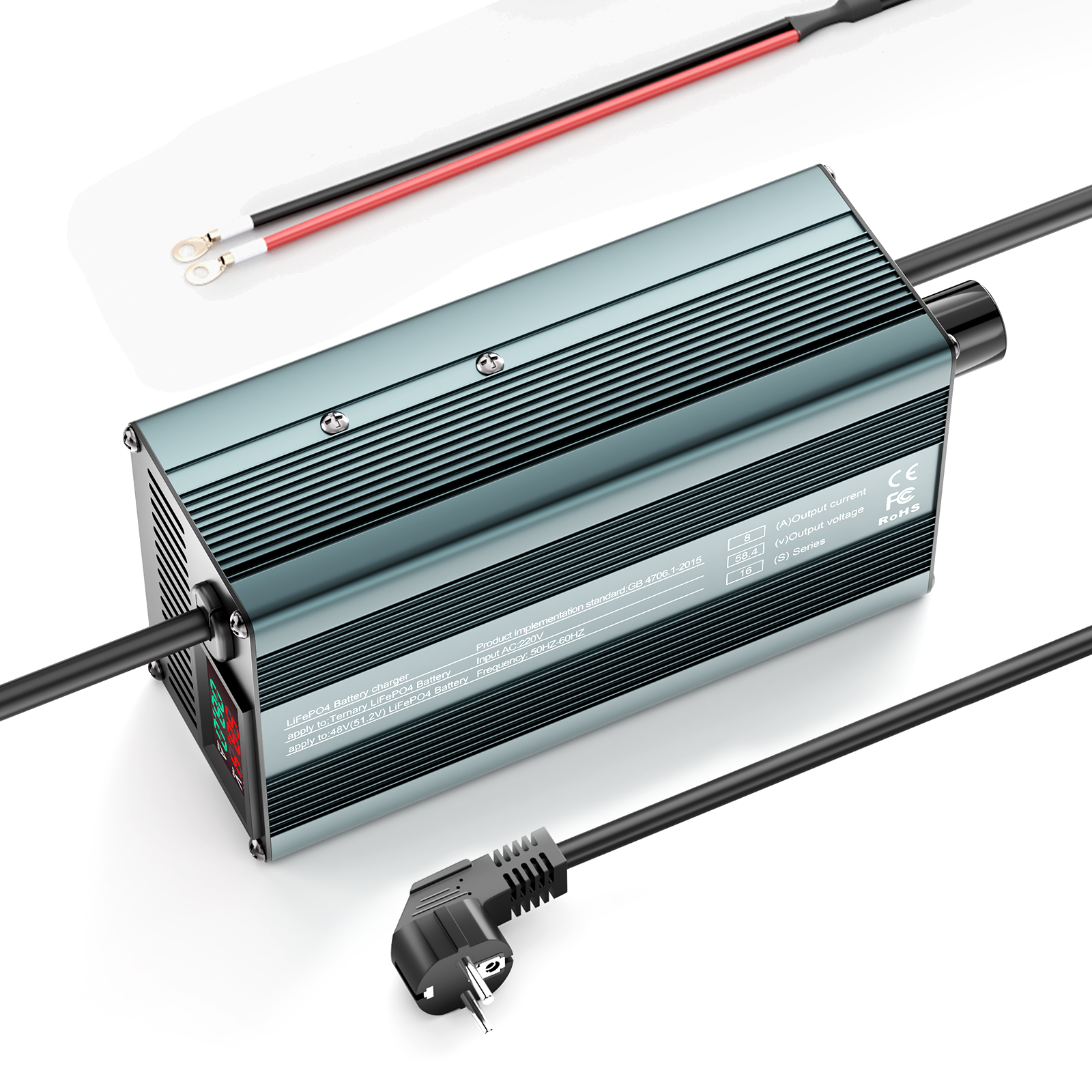 Suraziki 58,4 V 1–8 A stromverstellbares Lithium-LiFePO4-Batterieladegerät für 51,2 V (48 V) LiFePO4-Batterie, Golfwagen-Trolling-Motor, Wohnmobil-Boot-Batterieladegerät