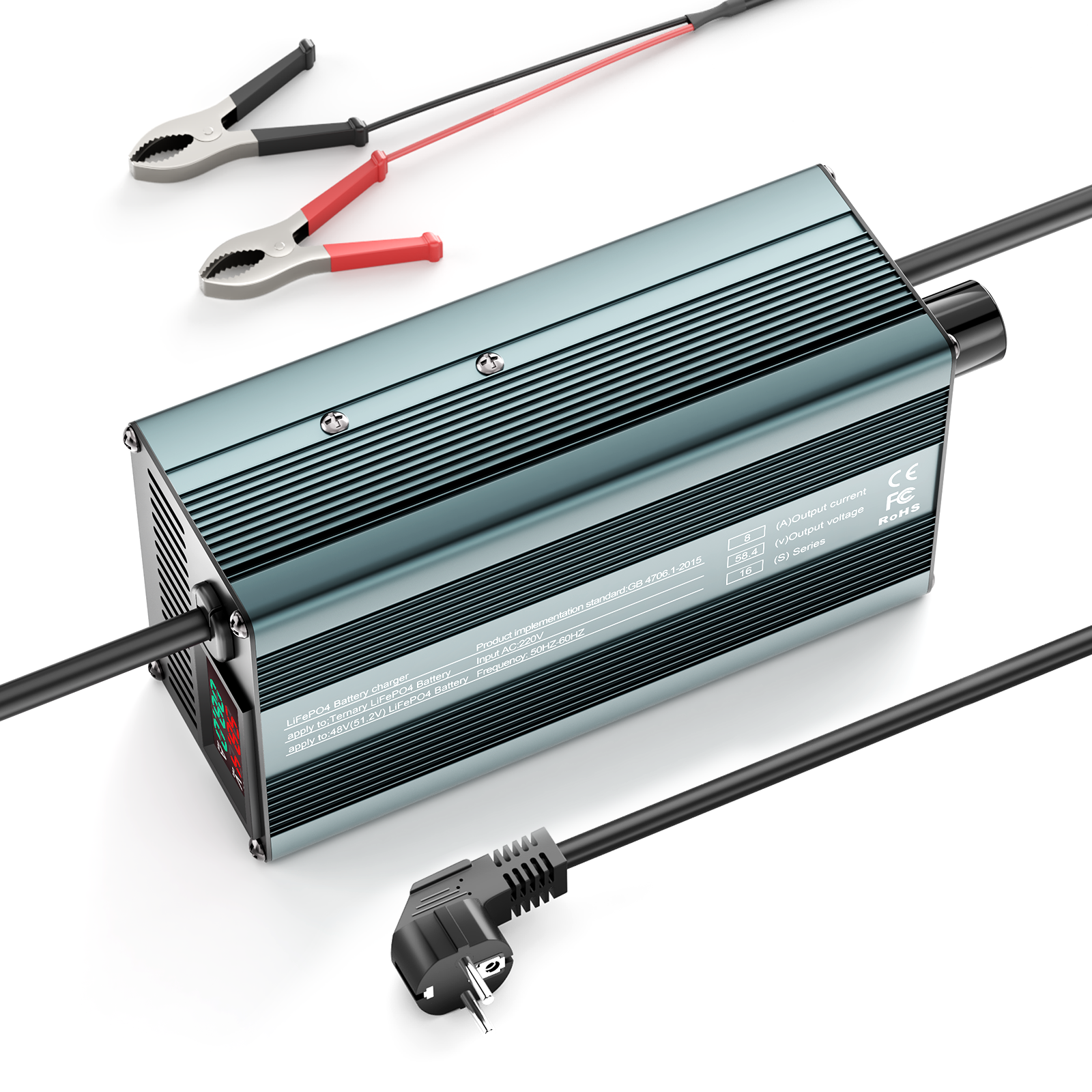 Suraziki 58,4 V 1–8 A stromverstellbares Lithium-LiFePO4-Batterieladegerät für 51,2 V (48 V) LiFePO4-Batterie, Golfwagen-Trolling-Motor, Wohnmobil-Boot-Batterieladegerät