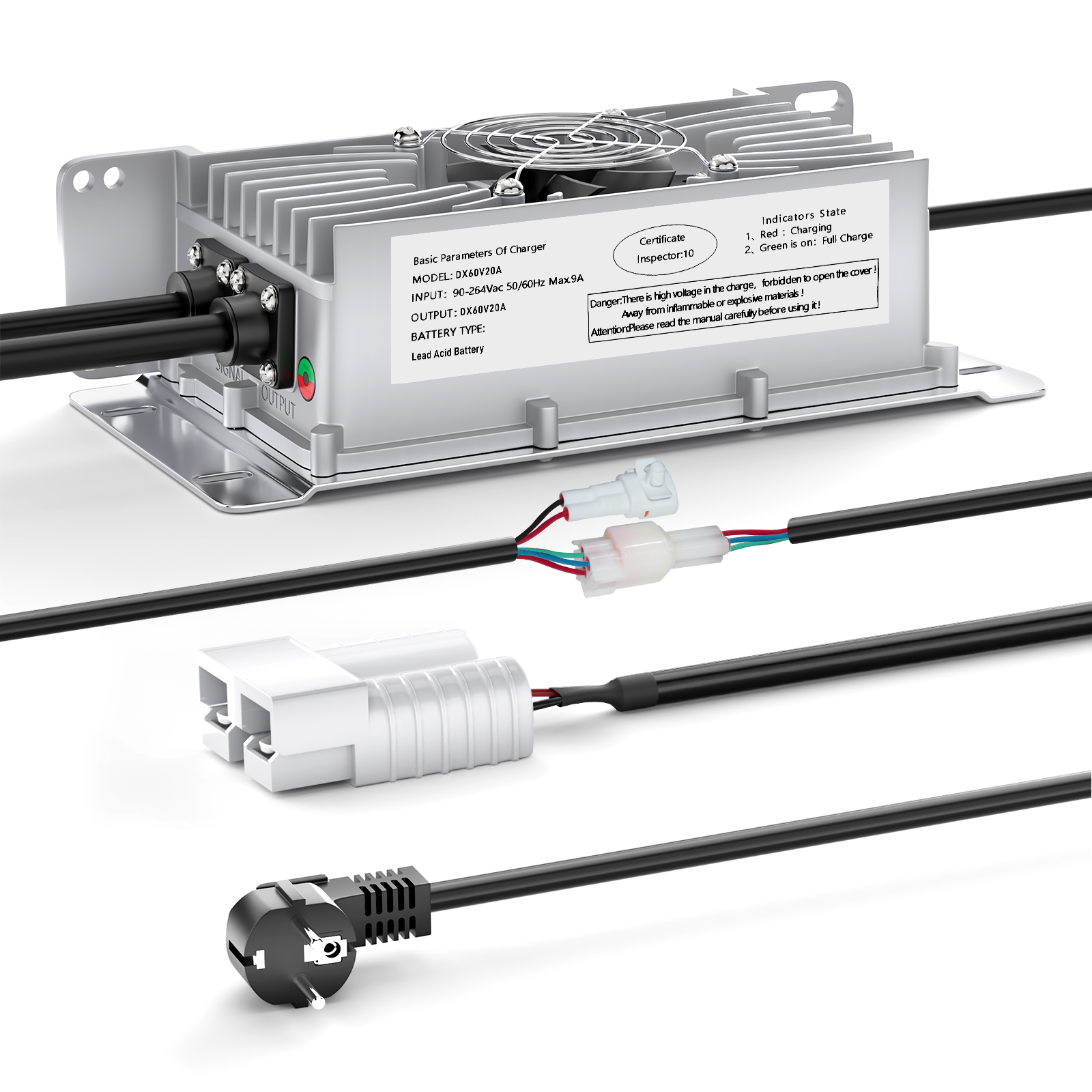 Suraziki 60 V 20 A Blei-Säure-Akkuladegerät, IP65 wasserdicht, mit Verriegelungskabel für Palettenwagen/Bodenschrubber/Golfwagen/Gabelstapler