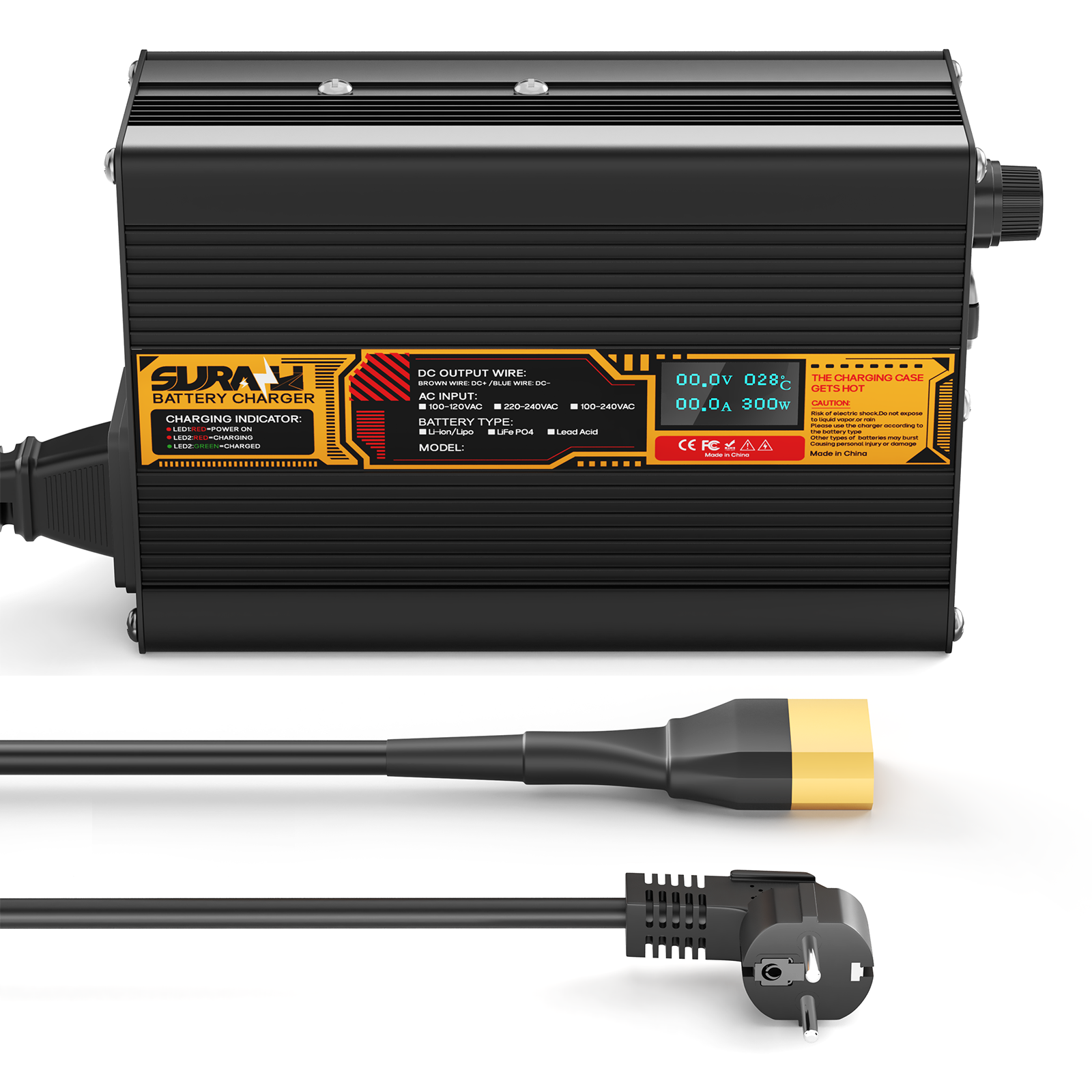 Suraziki LiFePO4 43.8V 6A Battery Charger for 36V/38.4V Lithium Iron Phosphate Batteries, LED Display, Full Protection