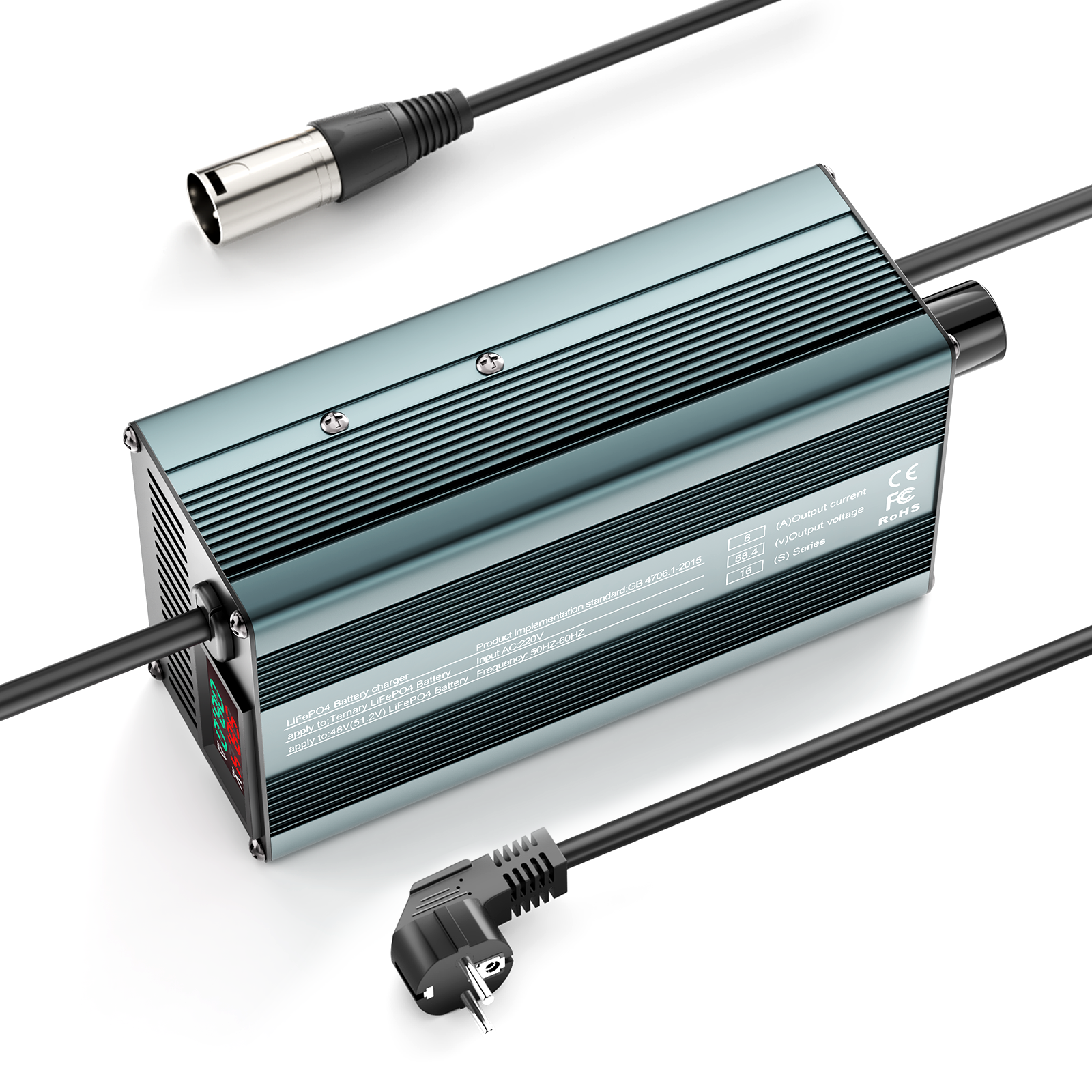 Suraziki 58,4 V 1–8 A stromverstellbares Lithium-LiFePO4-Batterieladegerät für 51,2 V (48 V) LiFePO4-Batterie, Golfwagen-Trolling-Motor, Wohnmobil-Boot-Batterieladegerät