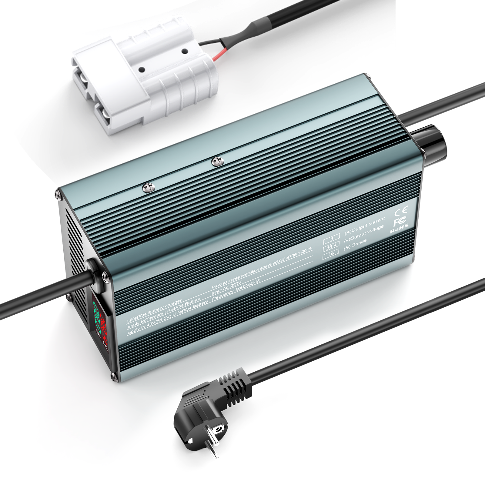 Suraziki 58,4 V 1–8 A stromverstellbares Lithium-LiFePO4-Batterieladegerät für 51,2 V (48 V) LiFePO4-Batterie, Golfwagen-Trolling-Motor, Wohnmobil-Boot-Batterieladegerät