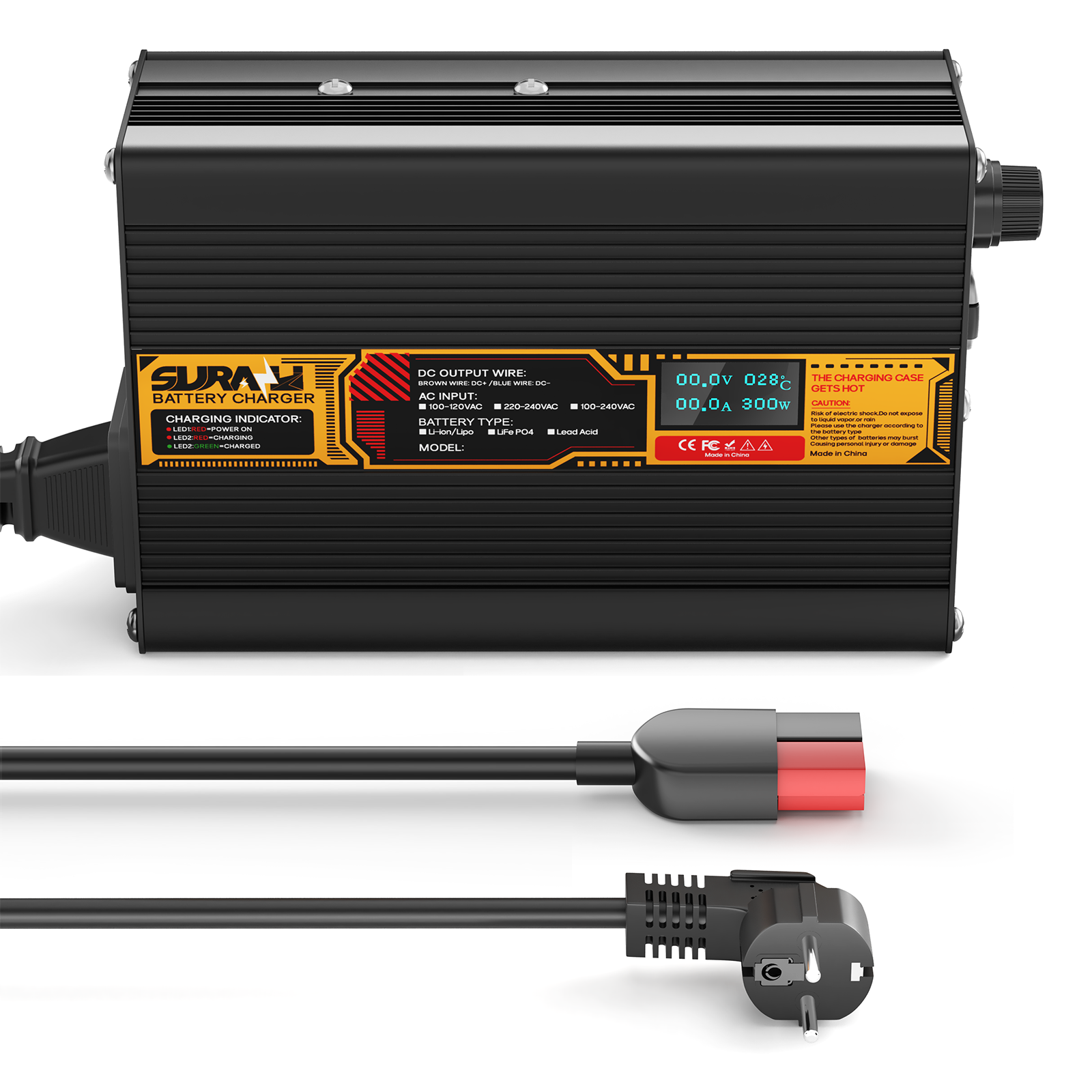 Suraziki LiFePO4 36.5V 5A Battery Charger for 32V Lithium Iron Phosphate Batteries, LED Display, Full Protection