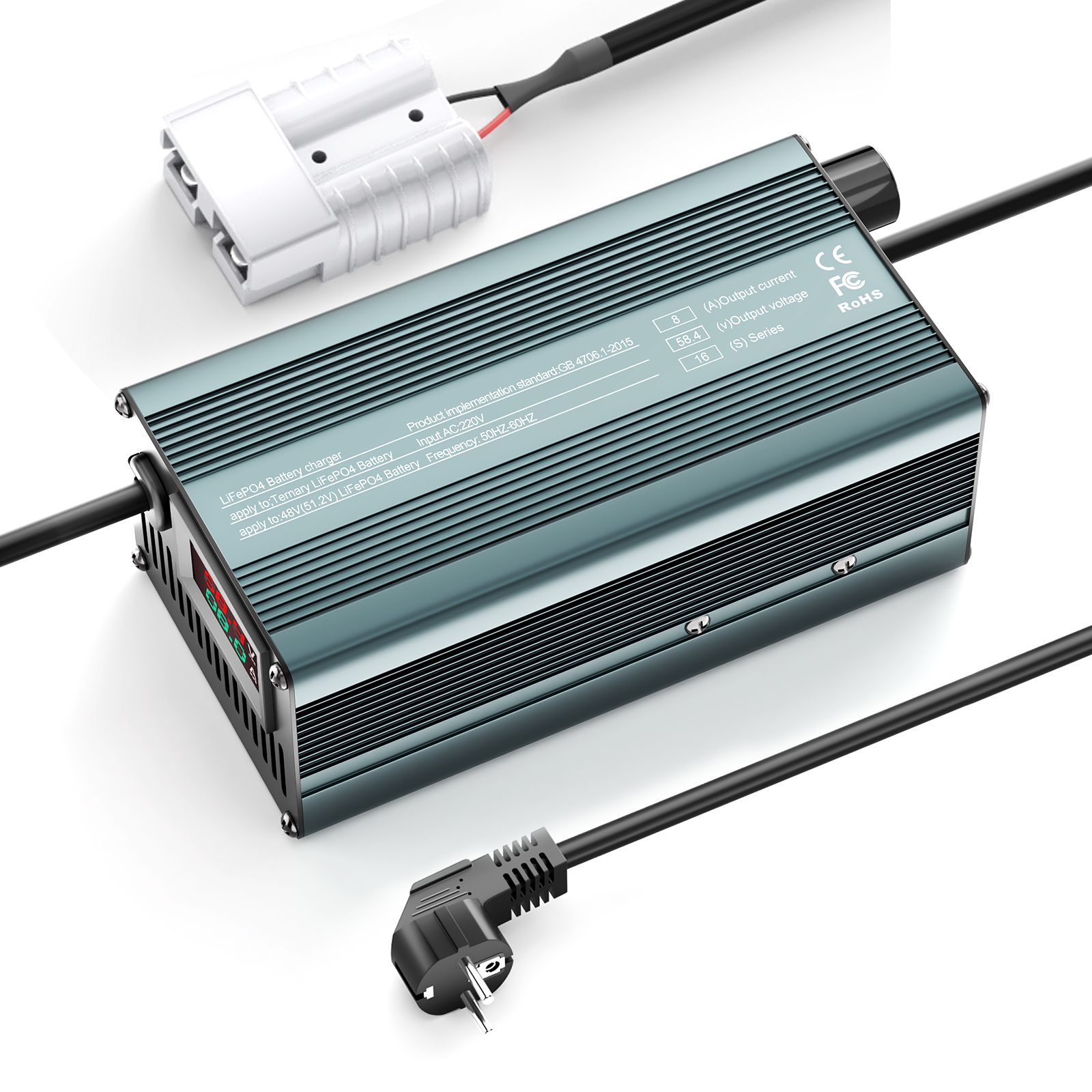 Suraziki 58,4 V 1–8 A stromverstellbares Lithium-LiFePO4-Batterieladegerät für 51,2 V (48 V) LiFePO4-Batterie, Golfwagen-Trolling-Motor, Wohnmobil-Boot-Batterieladegerät