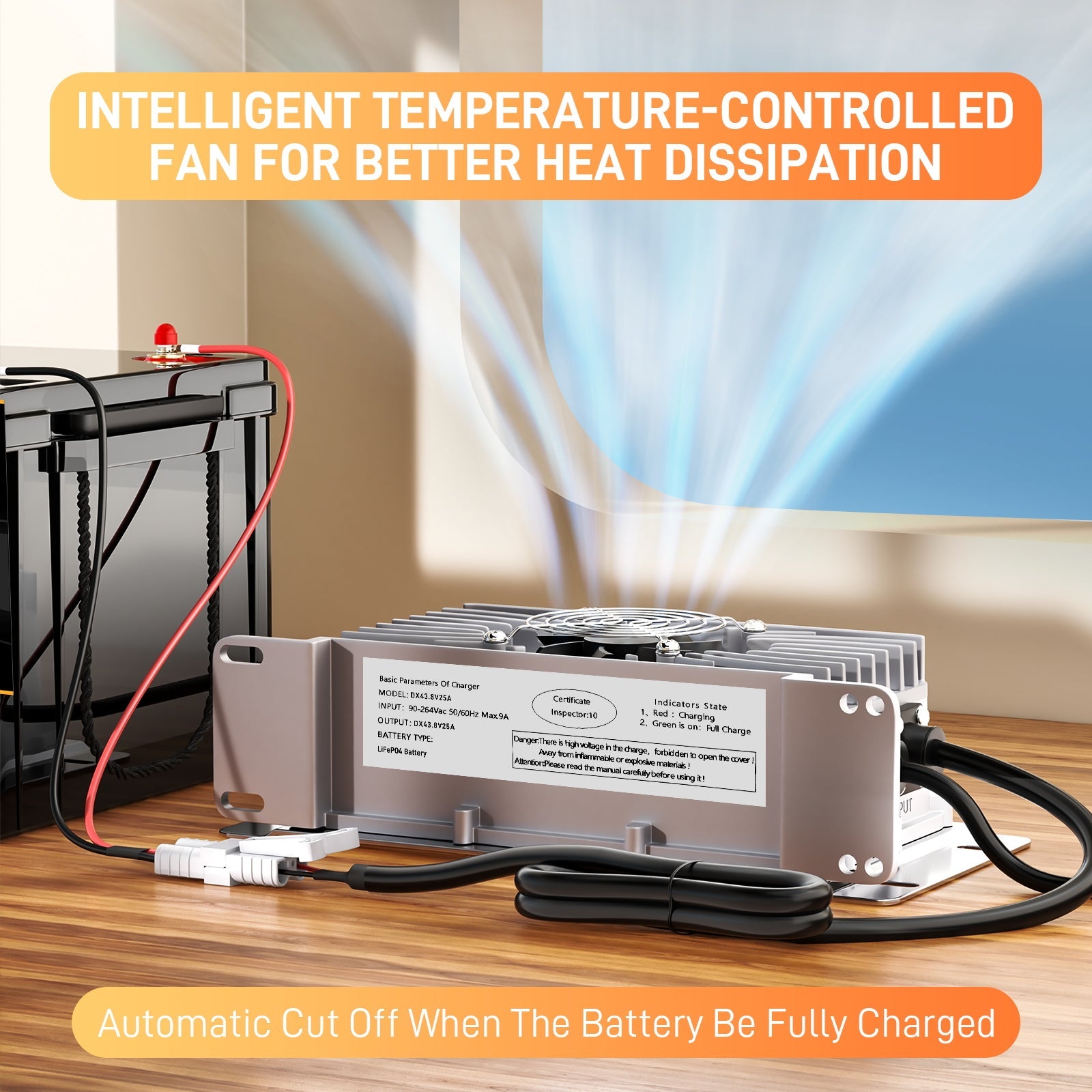 Suraziki 36V 25A Lithium Lifepo4 Battery Charger, 43.8V Charging Voltage for 36V(38.4V) 12S Battery, Waterproof, 0V BMS Activation, with Locking Cable for Electric Vehicles, E-Bikes and Golf Carts