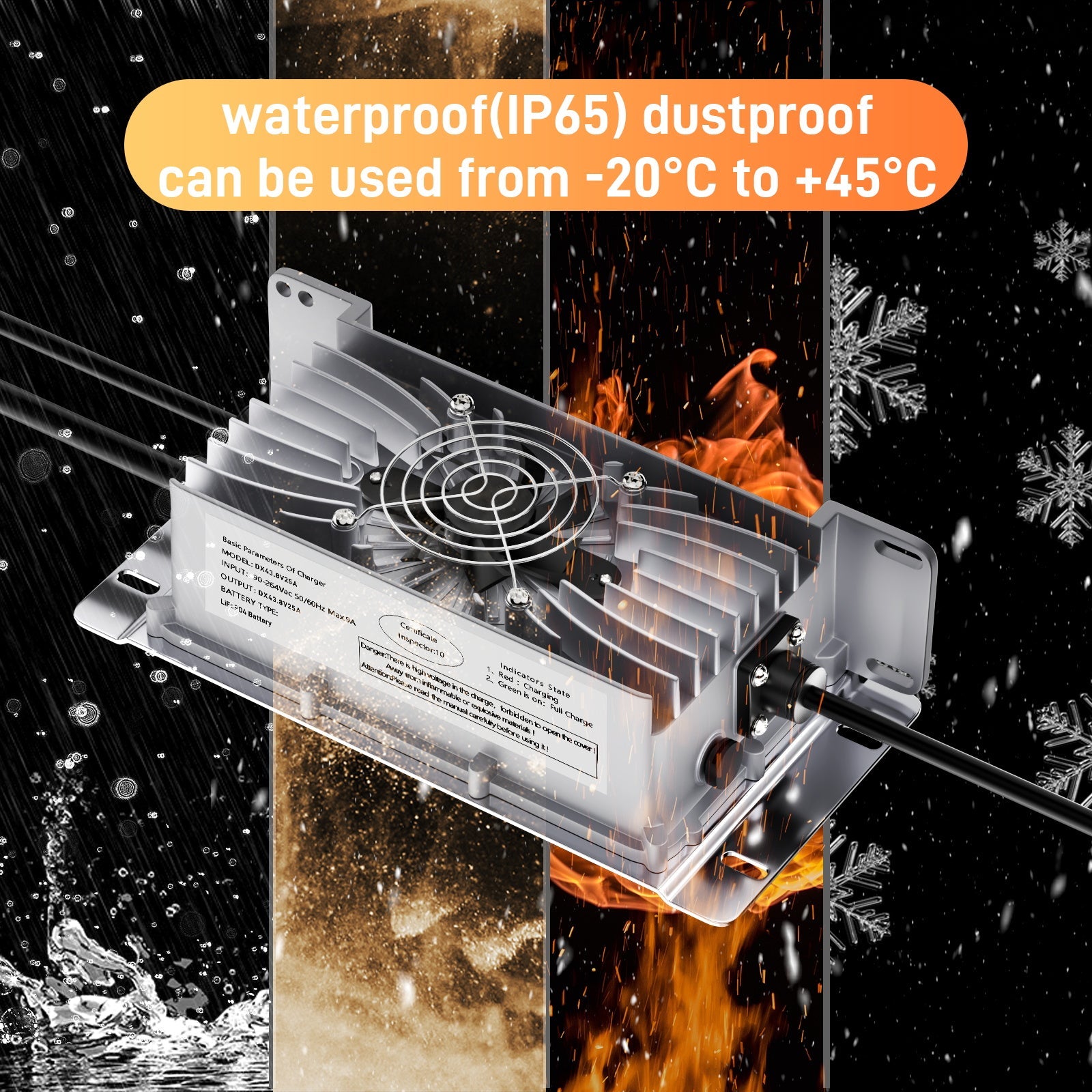 Suraziki 36V 25A Lithium Lifepo4 Battery Charger, 43.8V Charging Voltage for 36V(38.4V) 12S Battery, Waterproof, 0V BMS Activation, with Locking Cable for Electric Vehicles, E-Bikes and Golf Carts