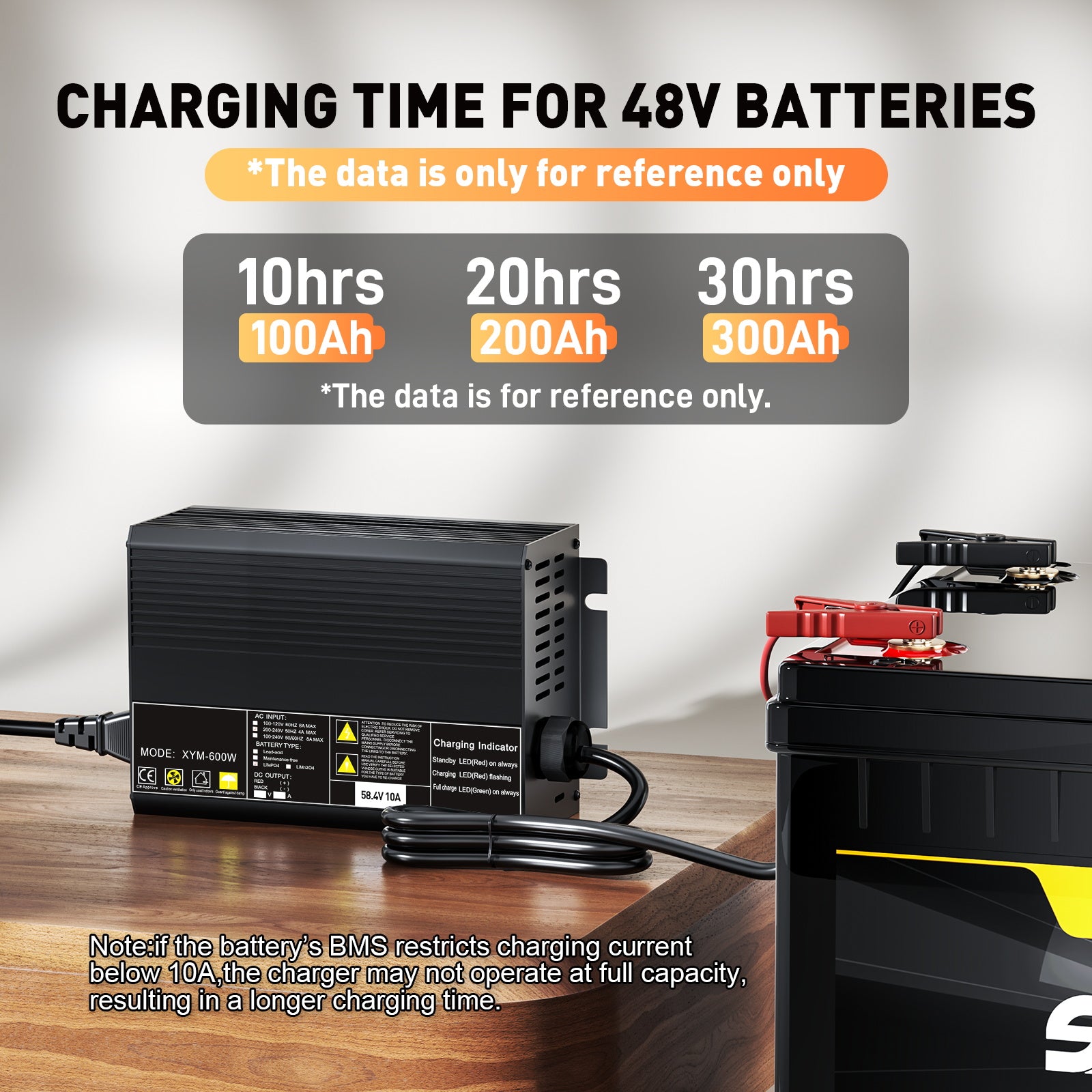 58.4V 10A Charger For 51.2V (48V) 16S LiFePO4 Battery 0V activation, automatic shutdown
